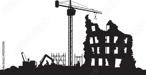 Black silhouette of demolition site with crane and excavators