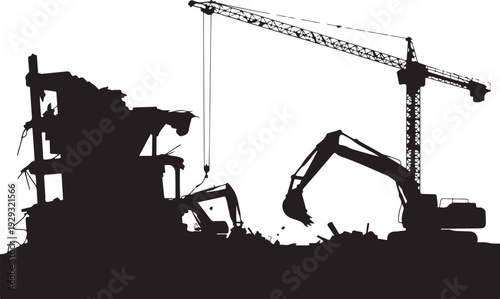 Black silhouette of demolition site with crane and excavators
