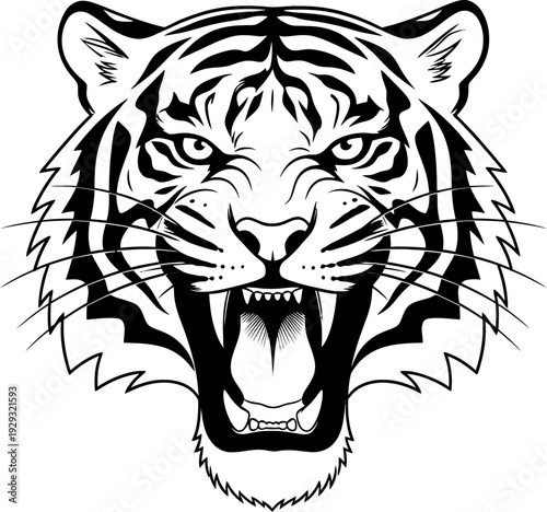 Roaring Tiger Head Front View, Aggressive Wild Cat Face with Fangs, Detailed Stripes Line Art, Monochrome Predator Illustration