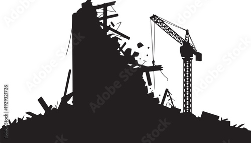 Black silhouette of demolition site with crane construction