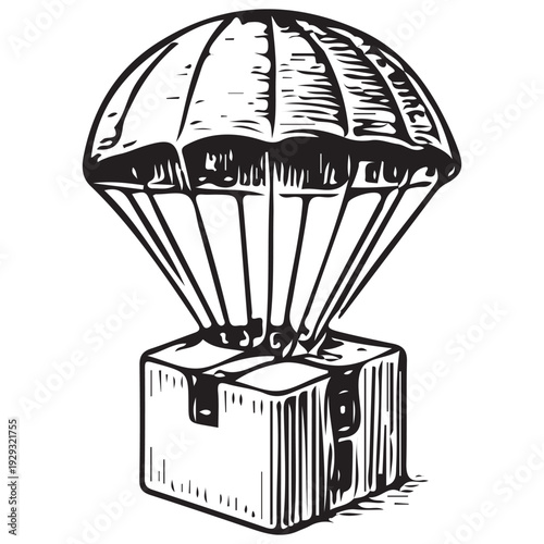 Vintage Parachute Package Delivery Engraving Illustration Air Drop Logistics Concept