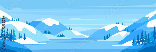 winter landscape illustration with snowy mountains, frozen lake and pine trees under clear blue sky. Minimalist seasonal nature background