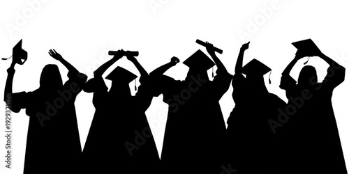 Graduating students celebrating success throwing graduation caps. Crowd of silhouettes. Vector illustration.