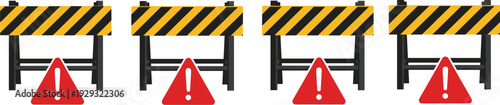 Road construction striped barricade with warning sign traffic safety barrier flat vector illustration collection