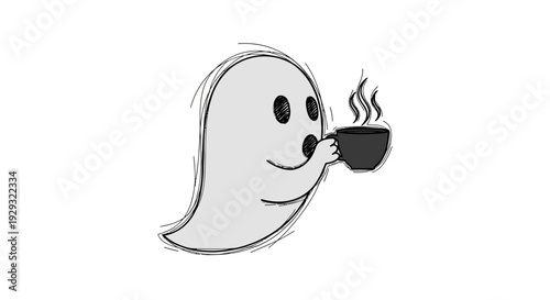 Smiling ghost with coffee cup.