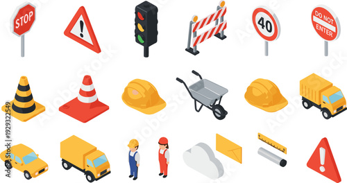 Road construction isometric icon set with workers truck barriers cones traffic lights and warning signs vector illustration