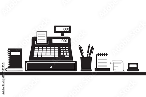 Cash Register and Checkout Counter Stationery Silhouette Vector Icon Set