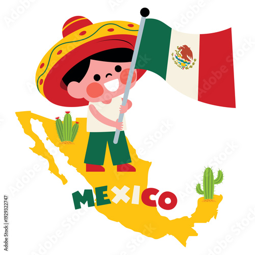 Cartoon Kid Holding Mexican Flag