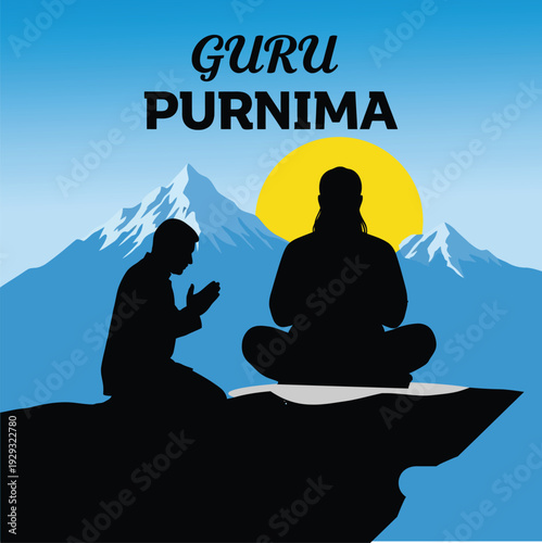 Guru Purnima celebration with silhouettes of two people meditating on mountain peak at sunset