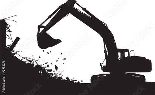 Black silhouette of excavator demolishing debris demolition