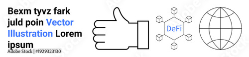 Financial technology, blockchain applications, global connectivity, digital economy, cryptocurrency, online security. Thumbs up icon, blockchain network globe outline. Financial technology