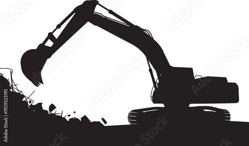 Black silhouette of excavator digging into pile of rubble