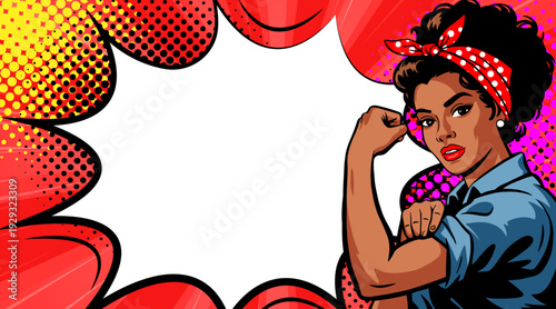 Pop Art Strong Black Woman - Rosie the Riveter Style Comic Book Illustration with Halftone Background