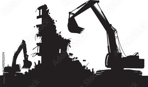 Black silhouette of excavators demolishing a building