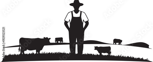 Black silhouette of farmer standing with cows on grassy hills