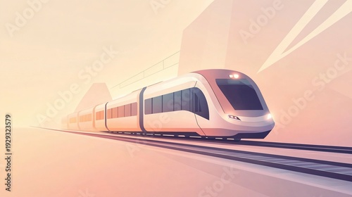 Futuristic high speed bullet train on railway at sunrise, sleek modern rail transportation with motion blur and warm gradient landscape