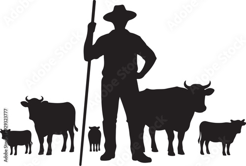 Black silhouette of farmer with cattle livestock
