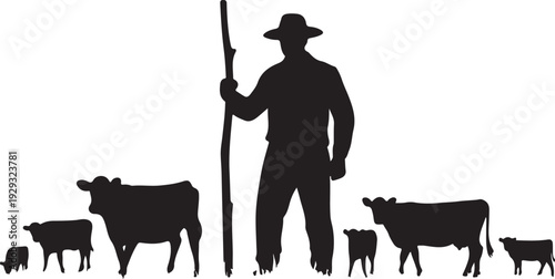 Black silhouette of farmer with cattle cows