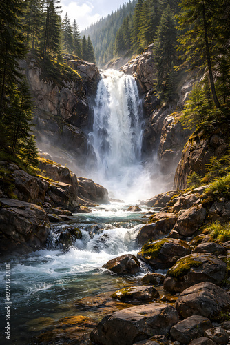 Majestic Mountain Waterfall in Pine Forest with Crystal Clear River and Sunlight
