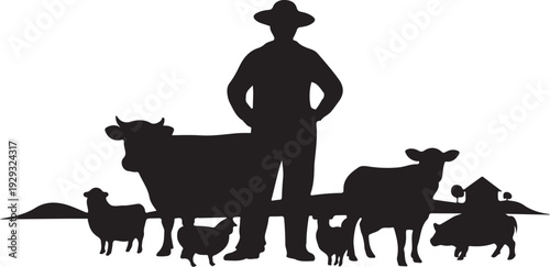 Black silhouette of farmer with cow sheep goat and chickens