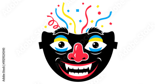 Colorful clown face with party streamers.