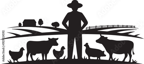 Black silhouette of farmer with livestock on farm animals