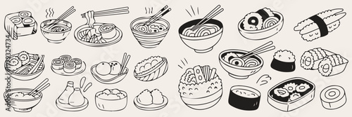 Hand-drawn illustrations of various Japanese dishes including sushi rolls and ramen bowls, perfect for culinary and cultural projects