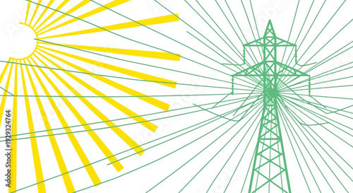 Green power transmission tower with sun rays