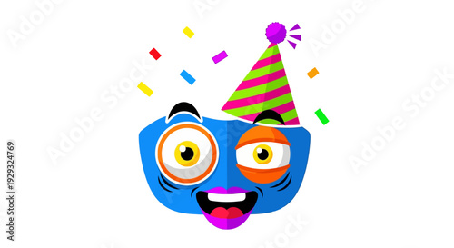 Colorful cartoon face wearing party hat.