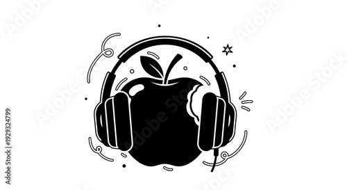 Black Apple Wearing Headphones Logo Design.