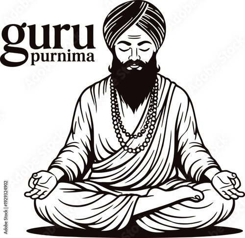 Meditating indian man with turban and long beard sitting in lotus position guru purnima
