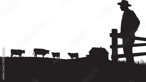 Black silhouette of man standing by fence with cows and barn