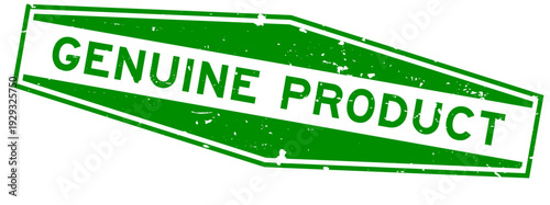 Grunge green genuine product word hexagon seal stamp on white background