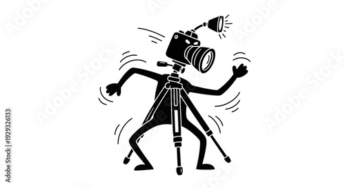 Cartoon camera on a tripod dancing.