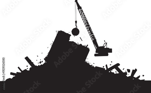 Black silhouette of wrecking ball demolishing building