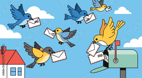 Birds delivering mail from house to mailbox against blue sky background