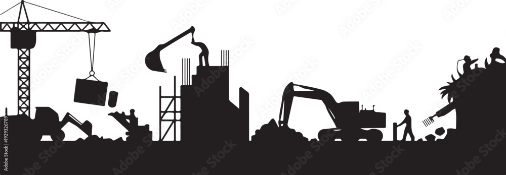 Obraz premium Construction site silhouette with cranes and excavators