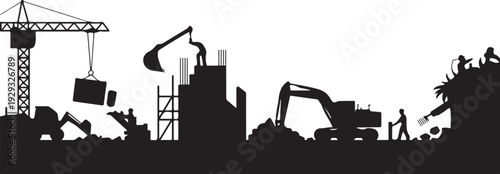 Construction site silhouette with cranes and excavators