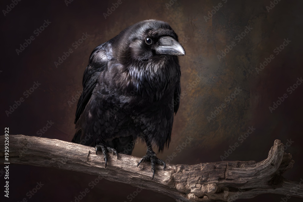 Naklejka premium Stunning raven with iridescent black feathers perches on a rugged, textured branch in dramatic light.