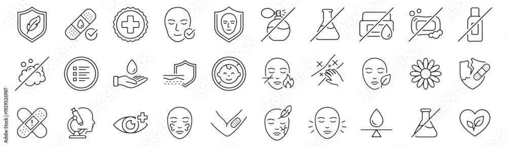 Fototapeta premium Hypoallergenic Sensitive Skin line icon set. Allergy tested shield, dermatologist approved badge, redness relief, barrier repair outline vector illustrations. Signs for skincare safety.