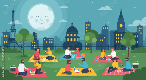 Cartoon city park scene, featuring people on picnic blankets under a large moon