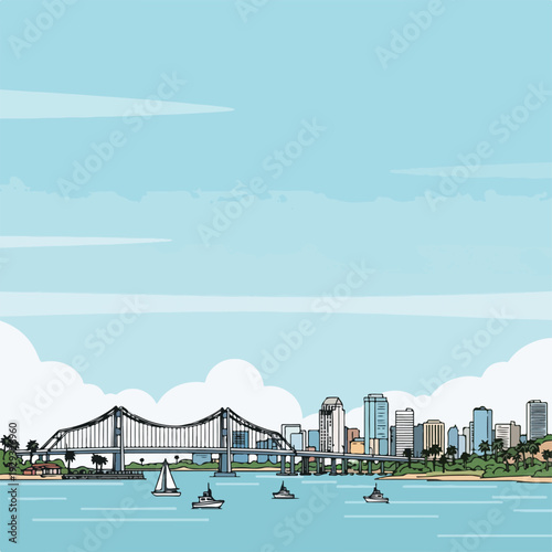 Cartoon depiction of a cityscape, bridge, and boats over water