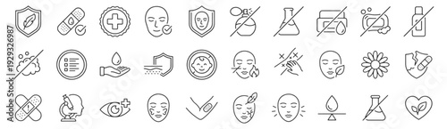 Hypoallergenic Sensitive Skin line icon set. Allergy tested shield, dermatologist approved badge, redness relief, barrier repair outline vector illustrations. Signs for skincare safety.