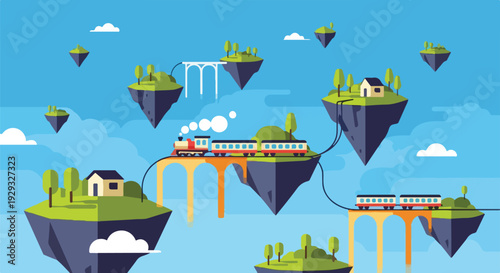 Cartoon floating islands with train, houses, trees, bridges, and clouds