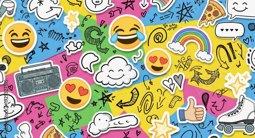 Colorful stickers and emojis representing fun and happiness on a vibrant background.