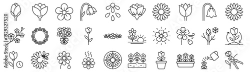 Flowers and Blooming line icon set. Tulip bud, daisy sunflower blossom, cherry branch, floral wreath bouquet, seasonal growth, watering and pruning outline vector illustrations.