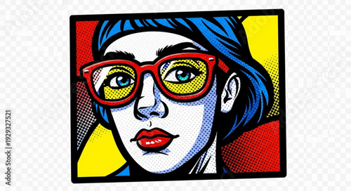 Pop art portrait of a woman with glasses, vibrant colors and bold lines.