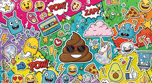 A vibrant and colorful illustration of a smiling poop emoji wearing sunglasses.
