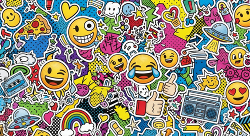 Colorful stickers and emojis representing various emotions and objects in a vibrant collage.