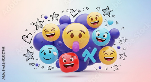 Colorful 3D emoji characters representing various emotions and expressions in a fun design.